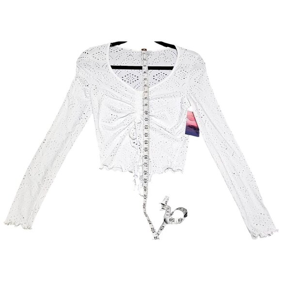 Haley & June White Cropped Long-Sleeve Eyelet Top W/ Ruched Drawstring Front Med - Picture 6 of 7